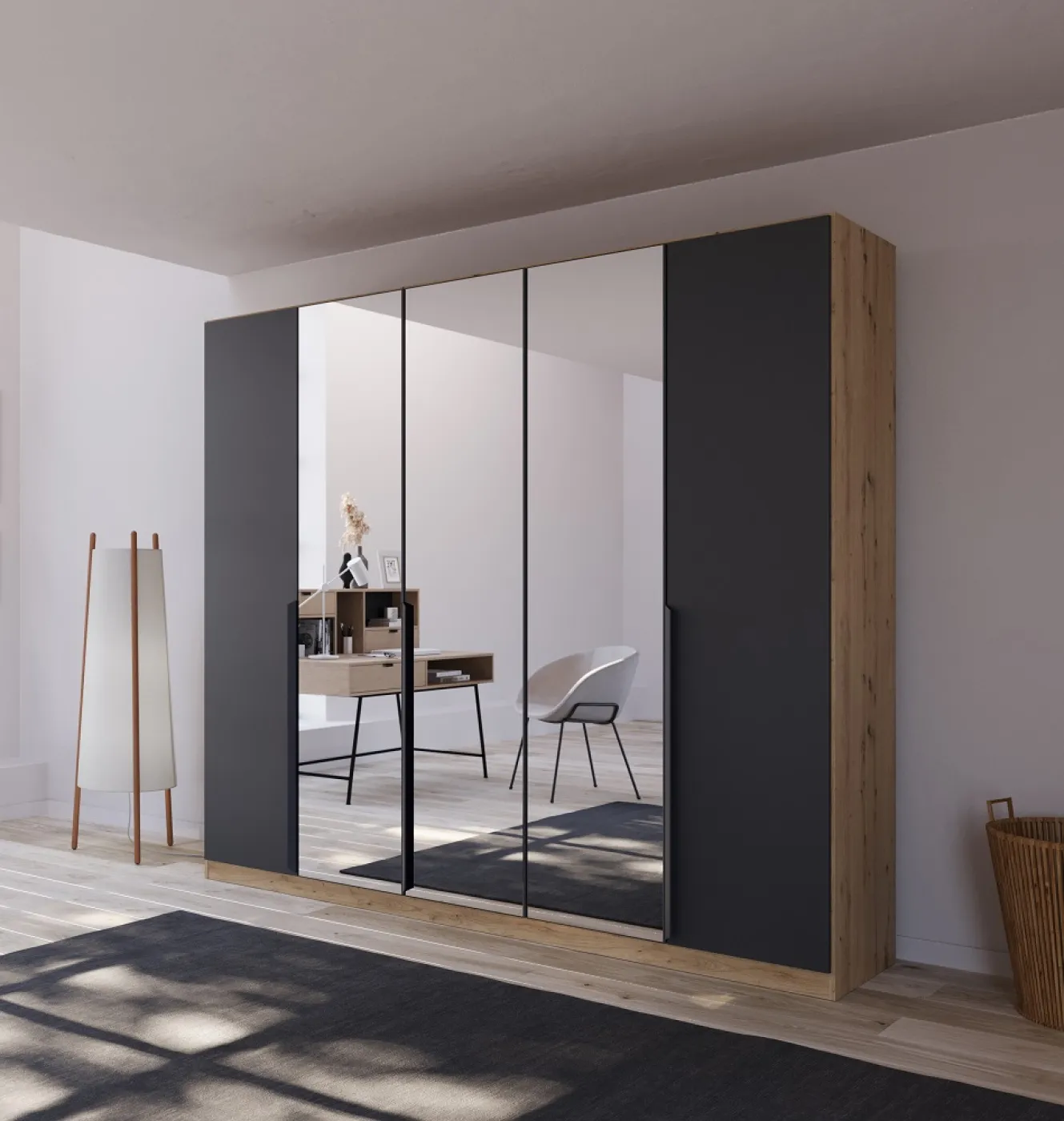 Kleiderschrank Drehtürenschrank Dark&Wood | 5-türig | mit Spiegeltüren | grau metallic / Eiche Artisan | 226x210