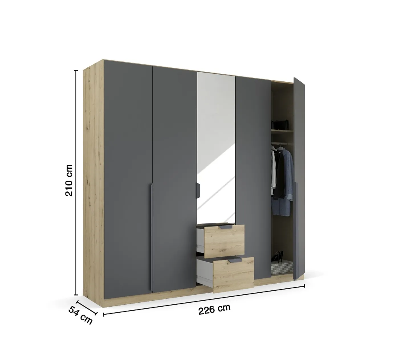 Kleiderschrank Drehtürenschrank Dark&Wood | 5-türig | mit Spiegeltüren & Schubkästen | grau metallic / Eiche Artisan | 226x210