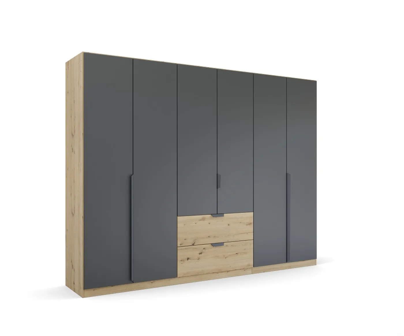 Kleiderschrank Drehtürenschrank Dark&Wood | 6-türig | mit Schubkästen | grau metallic / Eiche Artisan | 271x210