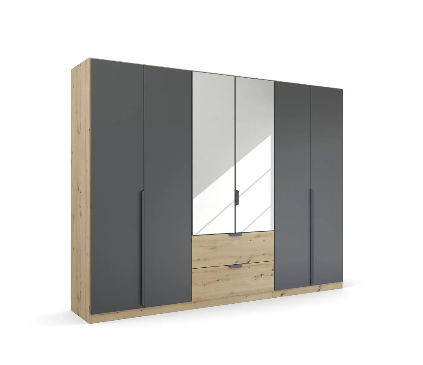 Kleiderschrank Drehtürenschrank Dark&Wood | 6-türig | mit Spiegeltüren & Schubkästen | grau metallic / Eiche Artisan | 271x210