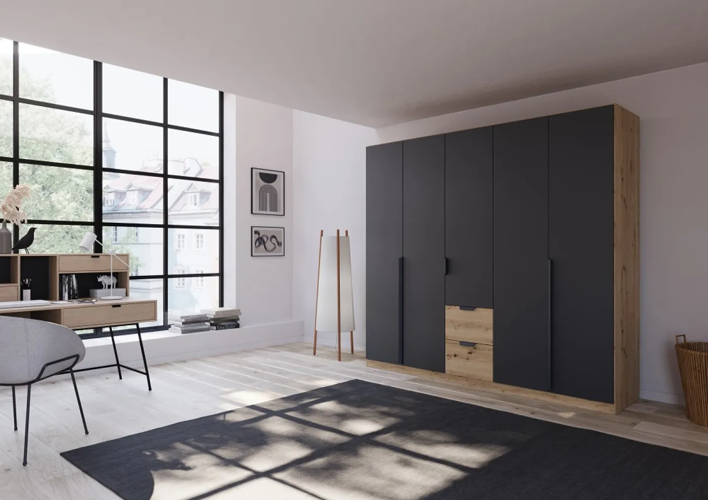 Kleiderschrank Drehtürenschrank Dark&Wood | mit Schubkästen | grau metallic / Eiche Artisan | verschiedene Größen