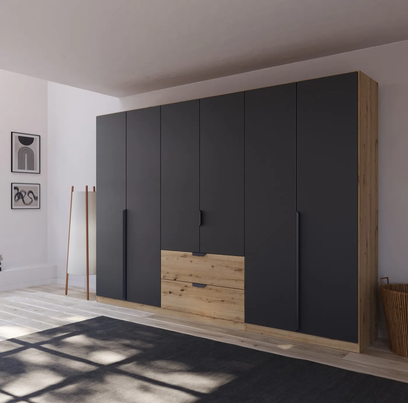 Kleiderschrank Drehtürenschrank Dark&Wood | mit Schubkästen | grau metallic / Eiche Artisan | verschiedene Größen