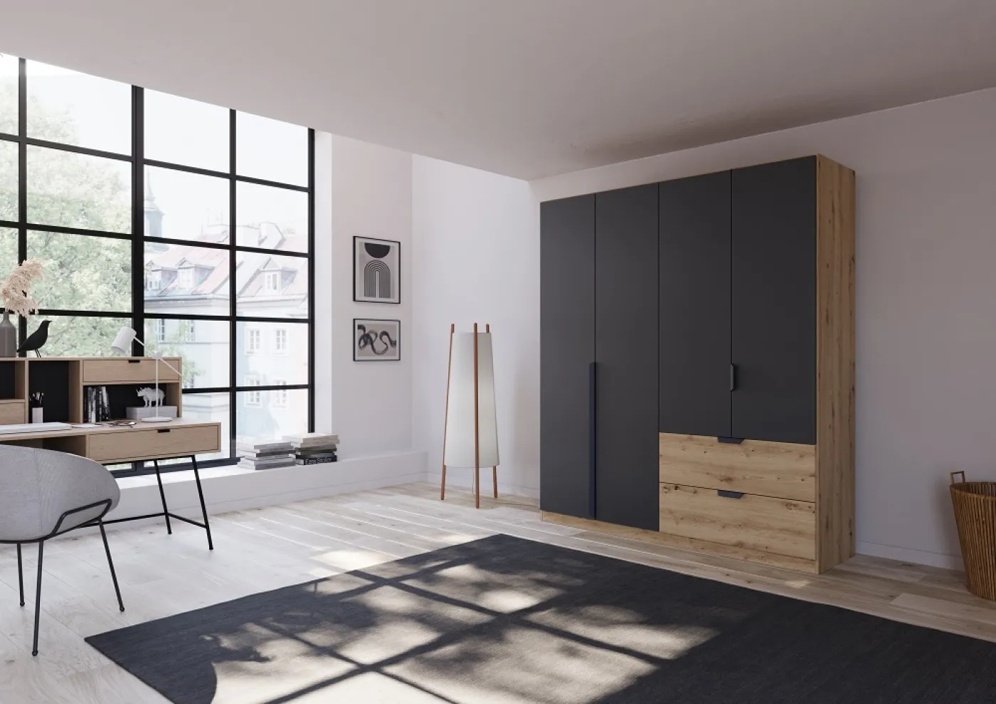 Kleiderschrank Drehtürenschrank Dark&Wood | mit Schubkästen | grau metallic / Eiche Artisan | verschiedene Größen