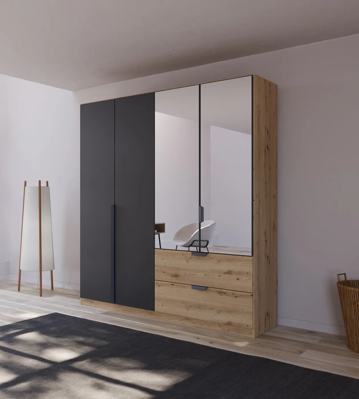 Kleiderschrank Drehtürenschrank Dark&Wood | mit Spiegel & Schubkästen | grau metallic / Eiche Artisan | verschiedene Größen