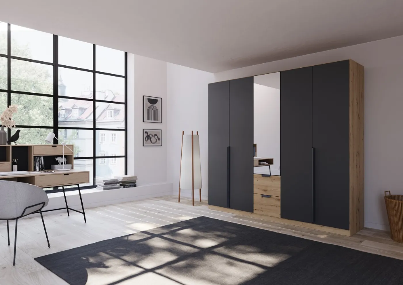 Kleiderschrank Drehtürenschrank Dark&Wood | mit Spiegel & Schubkästen | grau metallic / Eiche Artisan | verschiedene Größen