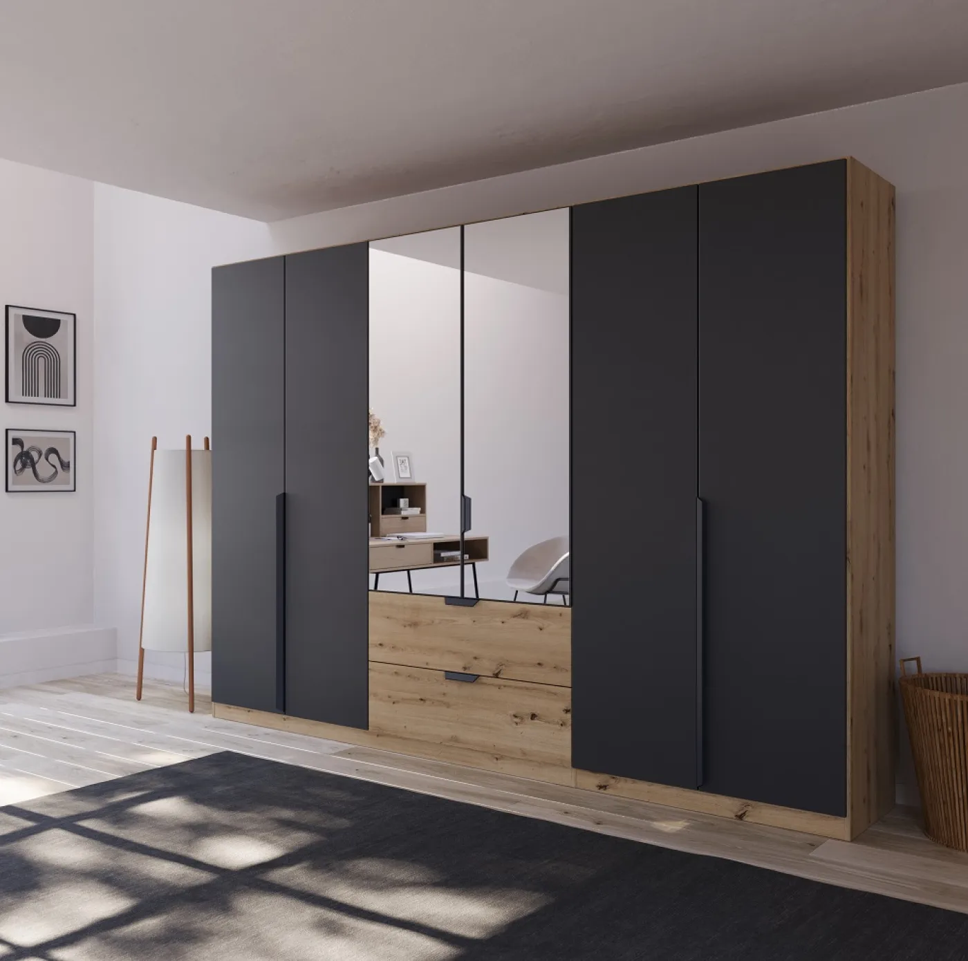 Kleiderschrank Drehtürenschrank Dark&Wood | mit Spiegel & Schubkästen | grau metallic / Eiche Artisan | verschiedene Größen