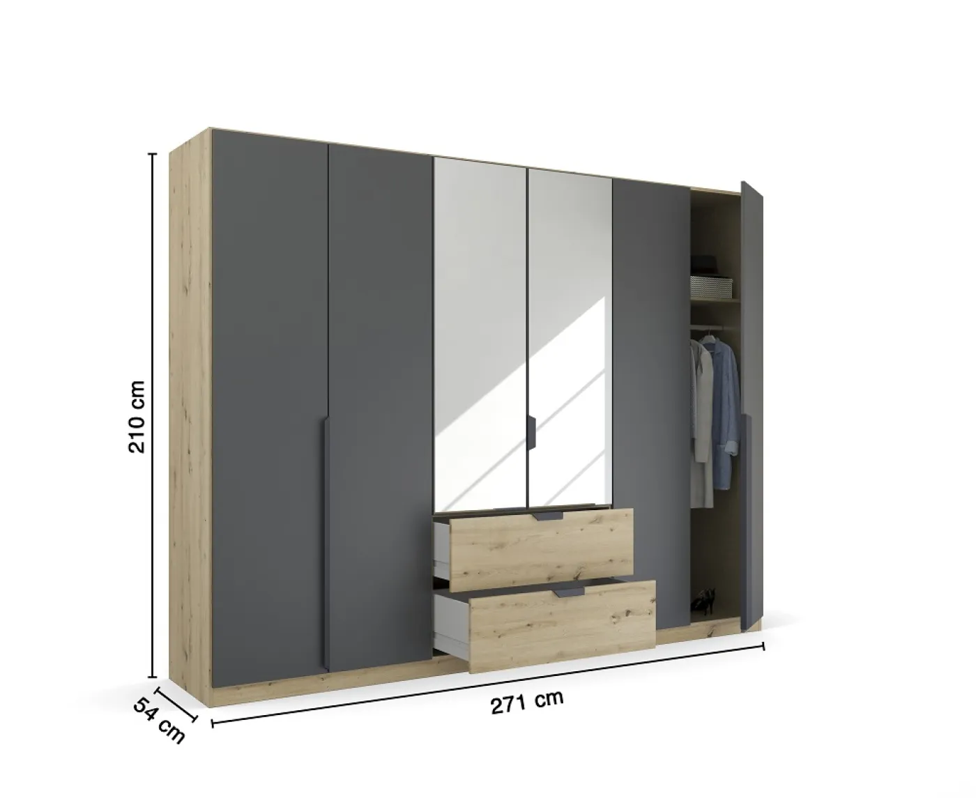 Kleiderschrank Drehtürenschrank Dark&Wood | mit Spiegel & Schubkästen | grau metallic / Eiche Artisan | verschiedene Größen