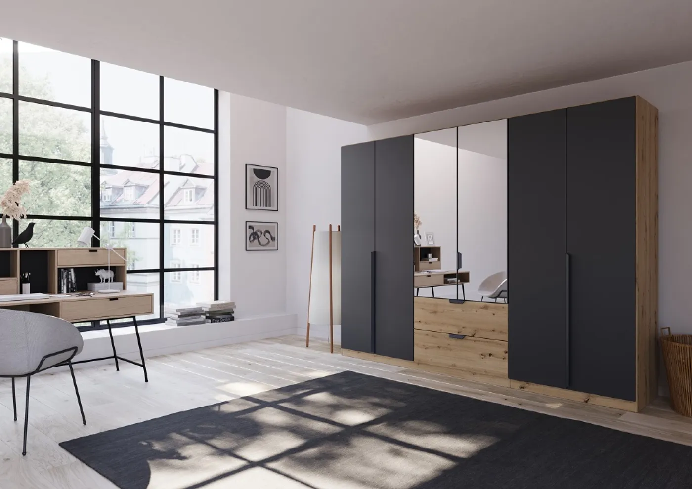 Kleiderschrank Drehtürenschrank Dark&Wood | mit Spiegel & Schubkästen | grau metallic / Eiche Artisan | verschiedene Größen