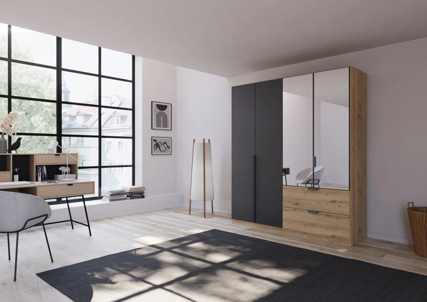 Kleiderschrank Drehtürenschrank Dark&Wood | mit Spiegel & Schubkästen | grau metallic / Eiche Artisan | verschiedene Größen