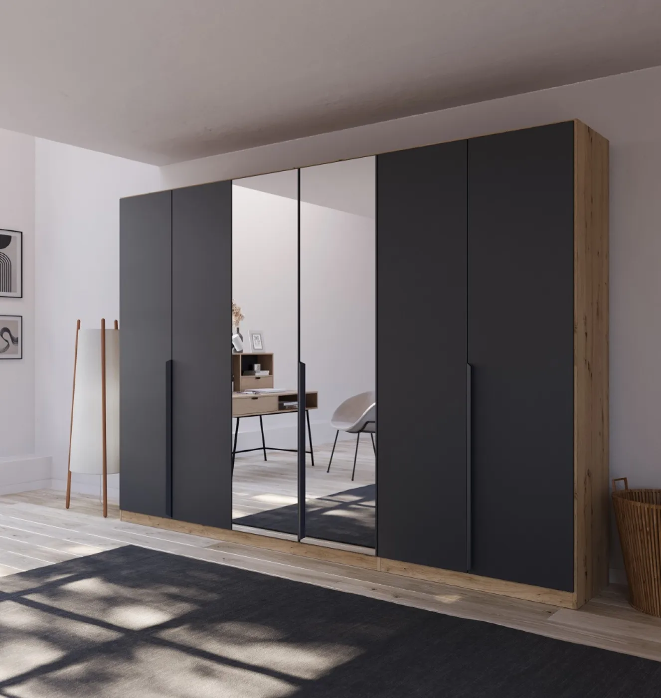 Kleiderschrank Drehtürenschrank Dark&Wood | mit Spiegeltüren | grau metallic / Eiche Artisan | verschiedene Größen