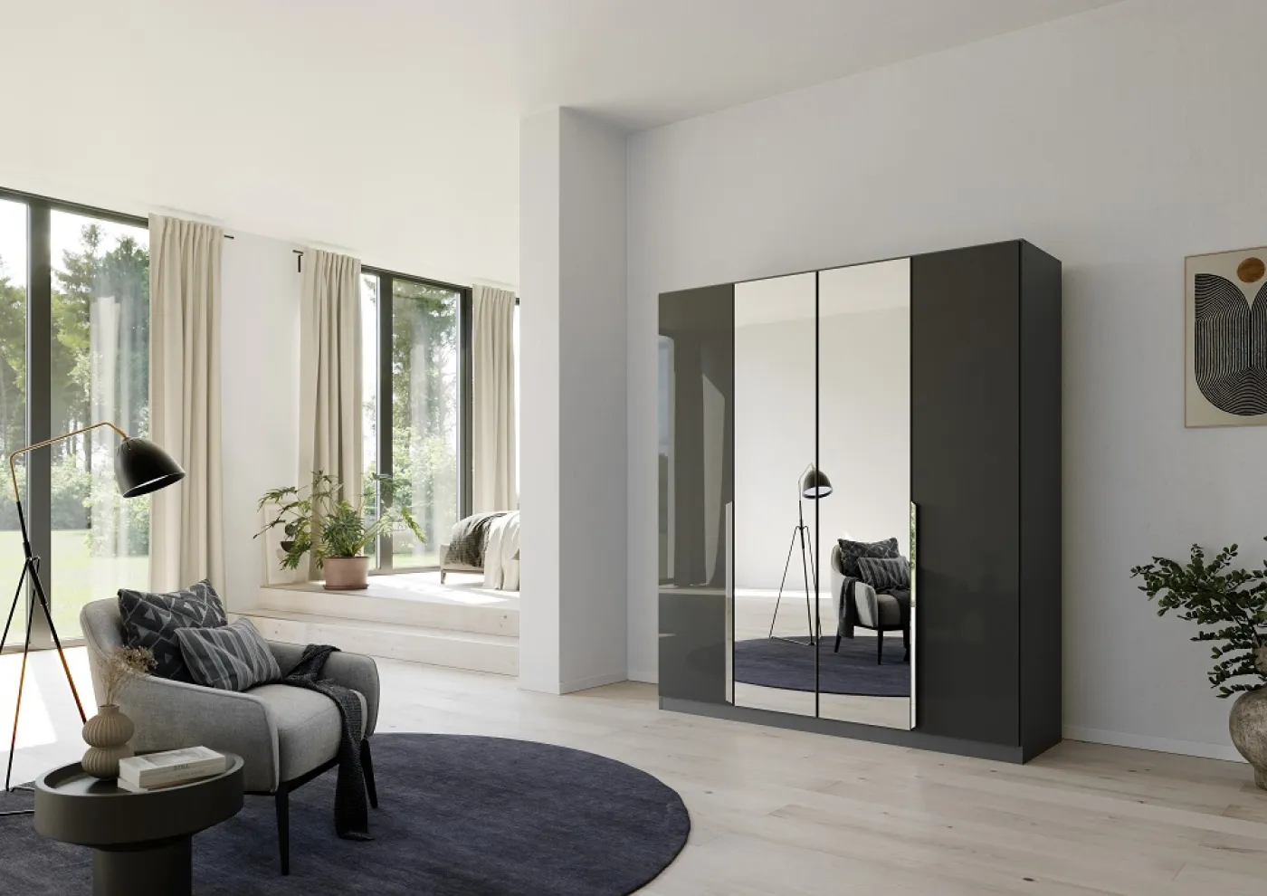 Kleiderschrank Drehtürenschrank Glamour | 4-türig | mit Spiegeltüren | effektgrau Hochglanz / grau metallic | 181x210