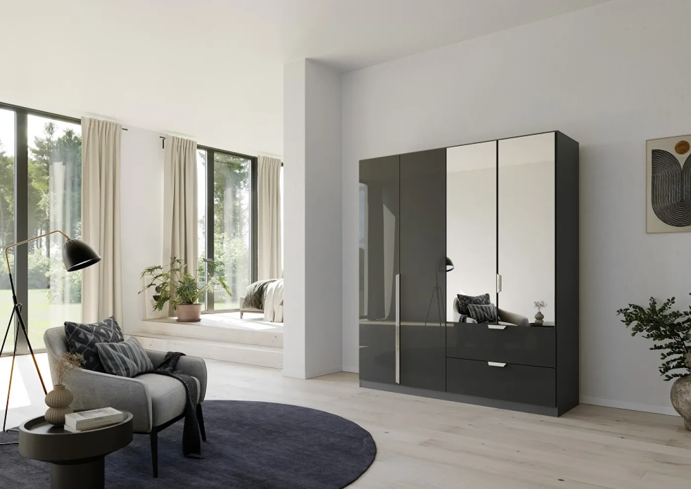 Kleiderschrank Drehtürenschrank Glamour | 4-türig | mit Spiegeltüren & Schubkästen | effektgrau Hochglanz / grau metallic | 181x210x54