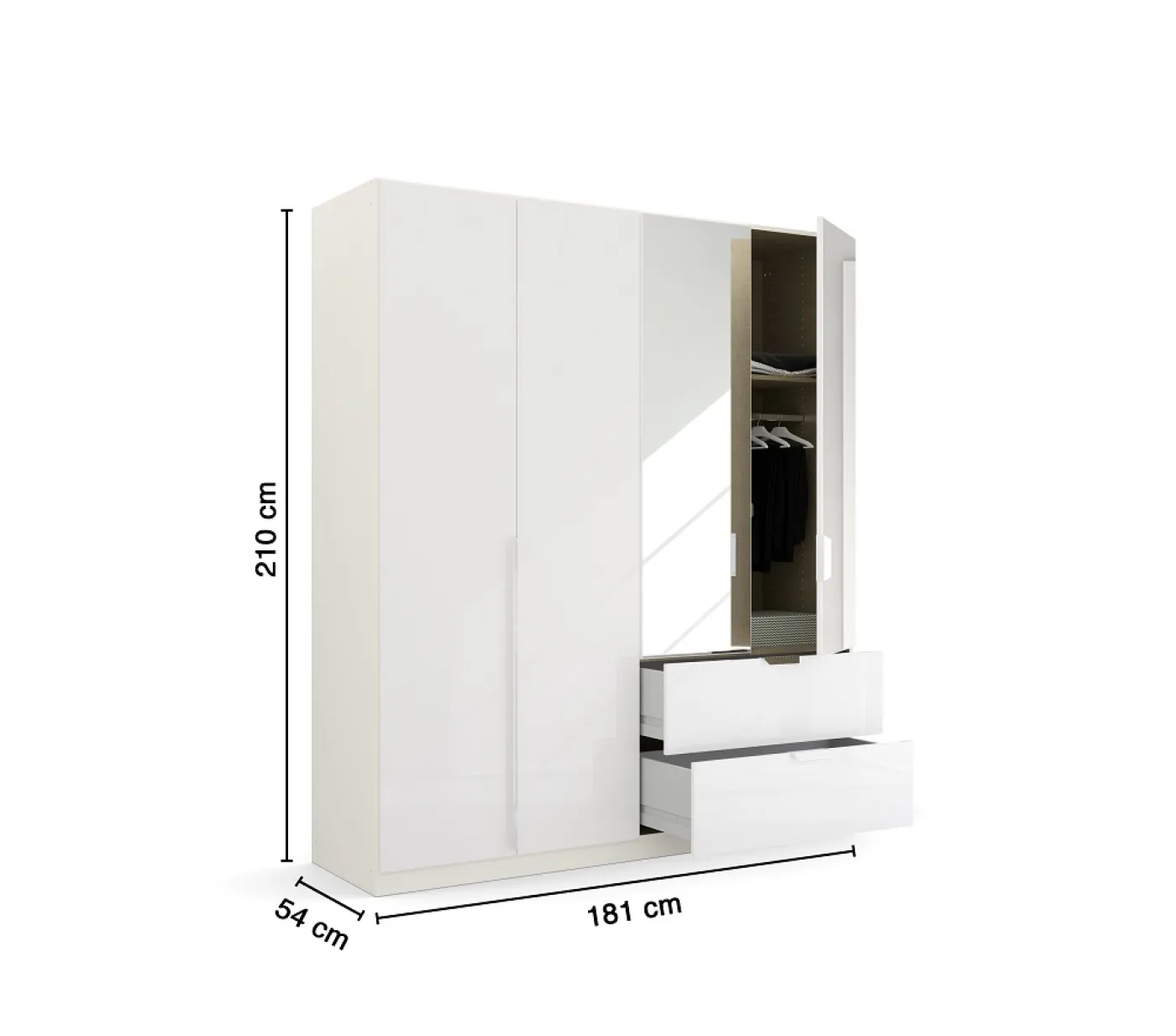 Kleiderschrank Drehtürenschrank Glamour | 4-türig | mit Spiegeltüren & Schubkästen | weiß Hochglanz / alpinweiß | 181x210
