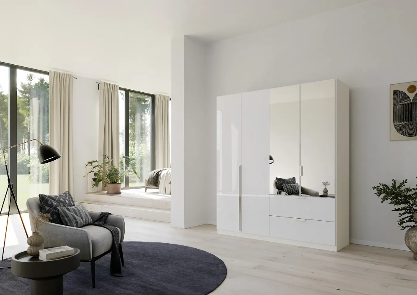 Kleiderschrank Drehtürenschrank Glamour | 4-türig | mit Spiegeltüren & Schubkästen | weiß Hochglanz / alpinweiß | 181x210