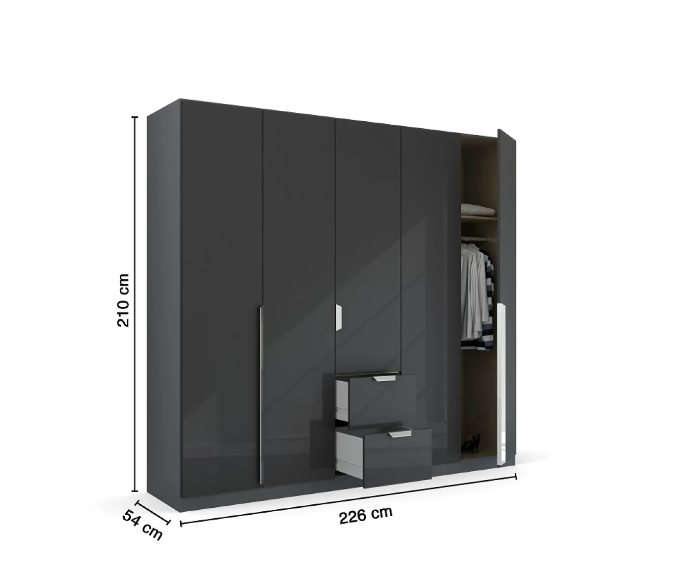 Kleiderschrank Drehtürenschrank Glamour | 5-türig | mit Schubkästen | effektgrau Hochglanz / grau metallic | 226x210
