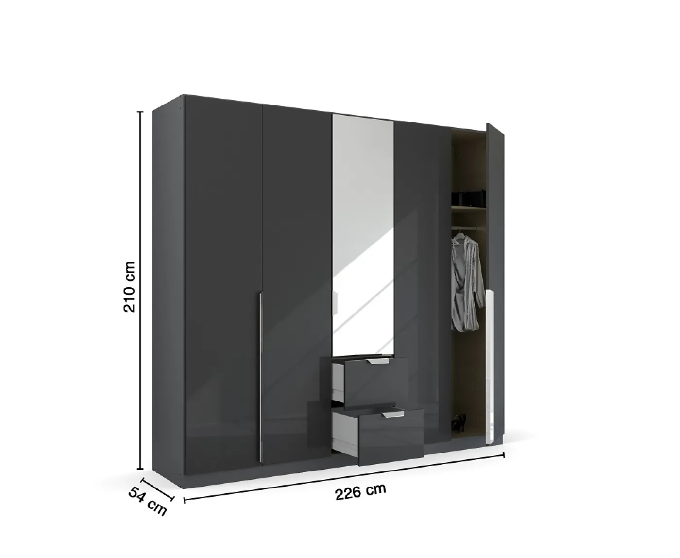 Kleiderschrank Drehtürenschrank Glamour | 5-türig | mit Spiegeltüren & Schubkästen | effektgrau Hochglanz / grau metallic | 226x210