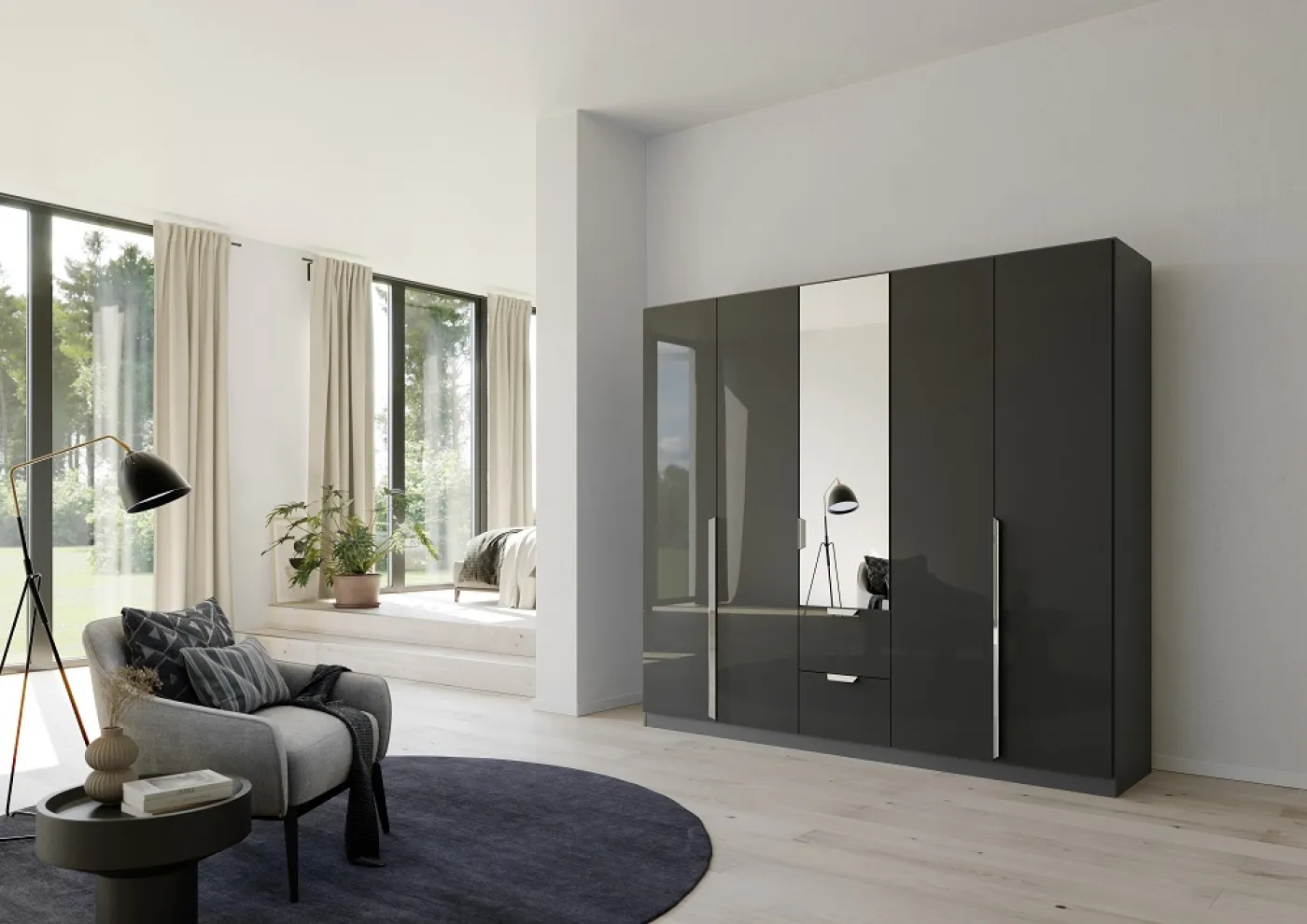 Kleiderschrank Drehtürenschrank Glamour | 5-türig | mit Spiegeltüren & Schubkästen | effektgrau Hochglanz / grau metallic | 226x210