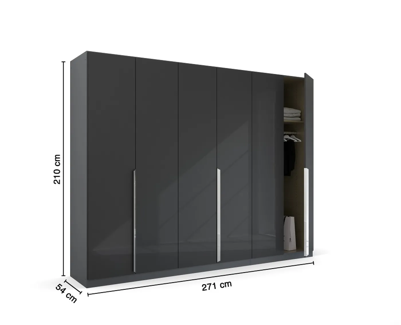 Kleiderschrank Drehtürenschrank Glamour | 6-türig | effektgrau Hochglanz / grau metallic 271x210