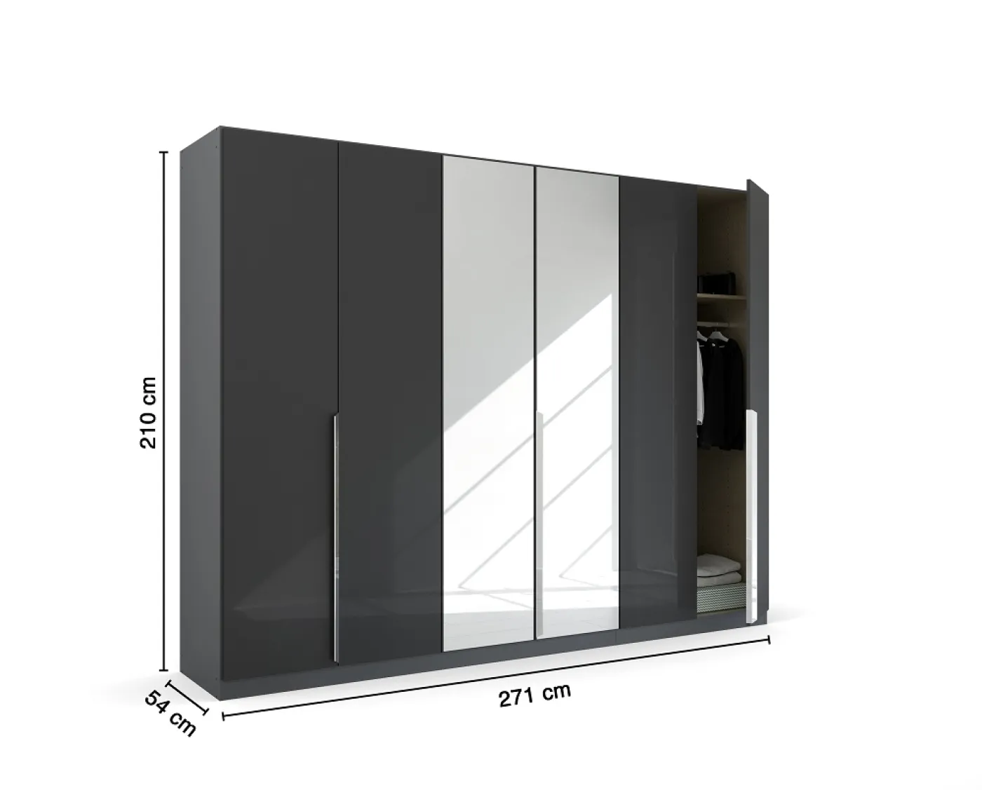Kleiderschrank Drehtürenschrank Glamour | 6-türig | mit Spiegeltüren | effektgrau Hochglanz / grau metallic | 271x210