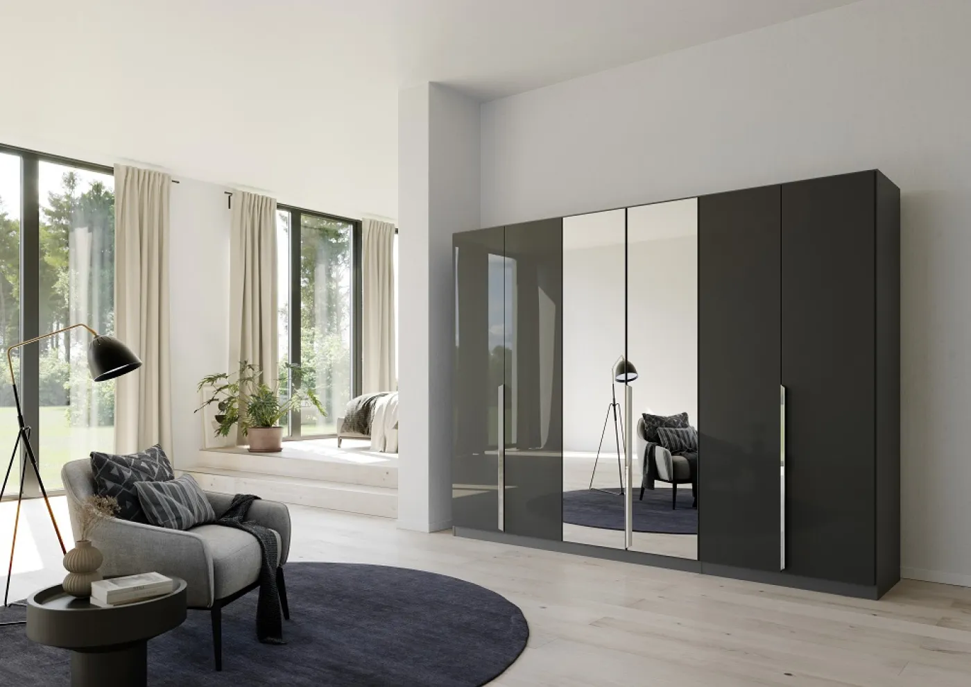 Kleiderschrank Drehtürenschrank Glamour | 6-türig | mit Spiegeltüren | effektgrau Hochglanz / grau metallic | 271x210