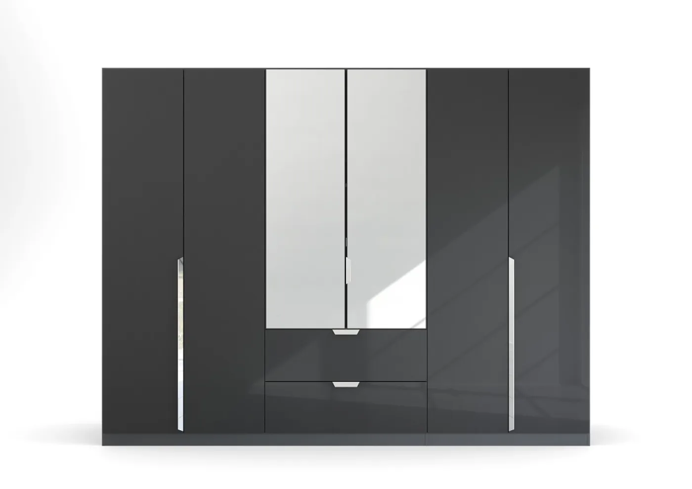 Kleiderschrank Drehtürenschrank Glamour | 6-türig | mit Spiegeltüren & Schubkästen | effektgrau Hochglanz / grau metallic | 271x210