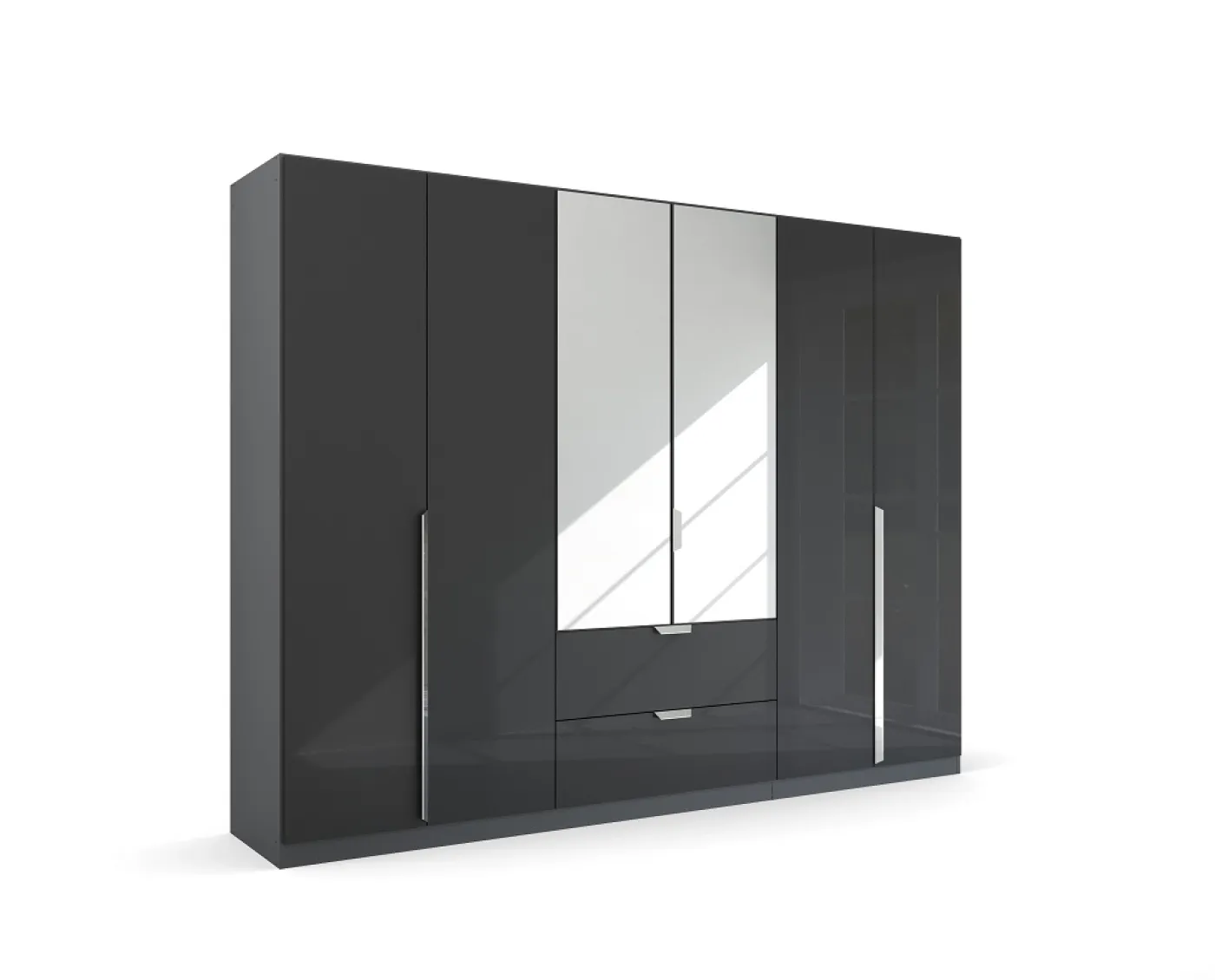Kleiderschrank Drehtürenschrank Glamour | 6-türig | mit Spiegeltüren & Schubkästen | effektgrau Hochglanz / grau metallic | 271x210