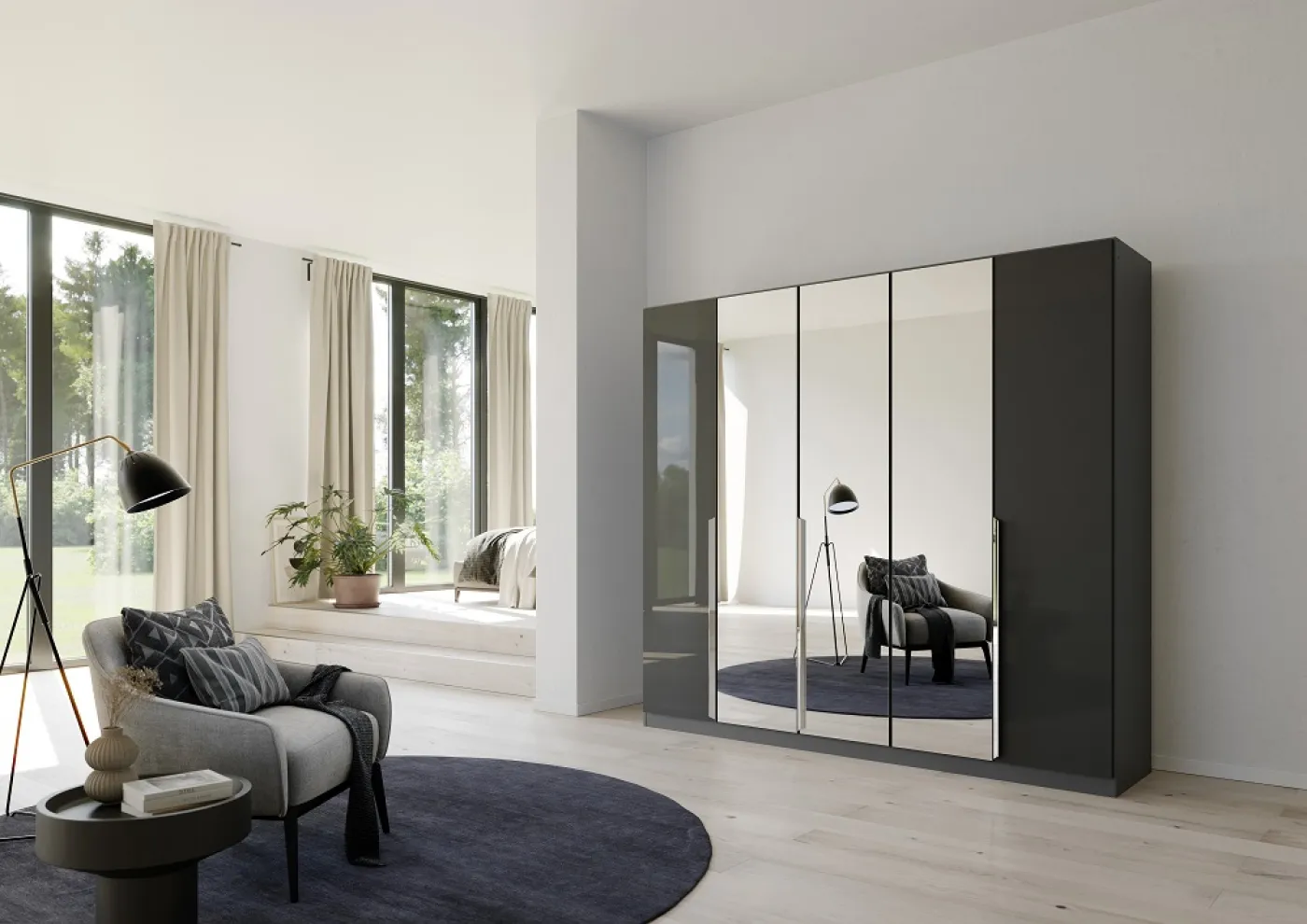 Kleiderschrank Drehtürenschrank Glamour | mit Spiegeltüren | effektgrau Hochglanz / grau metallic | verschiedene Größen