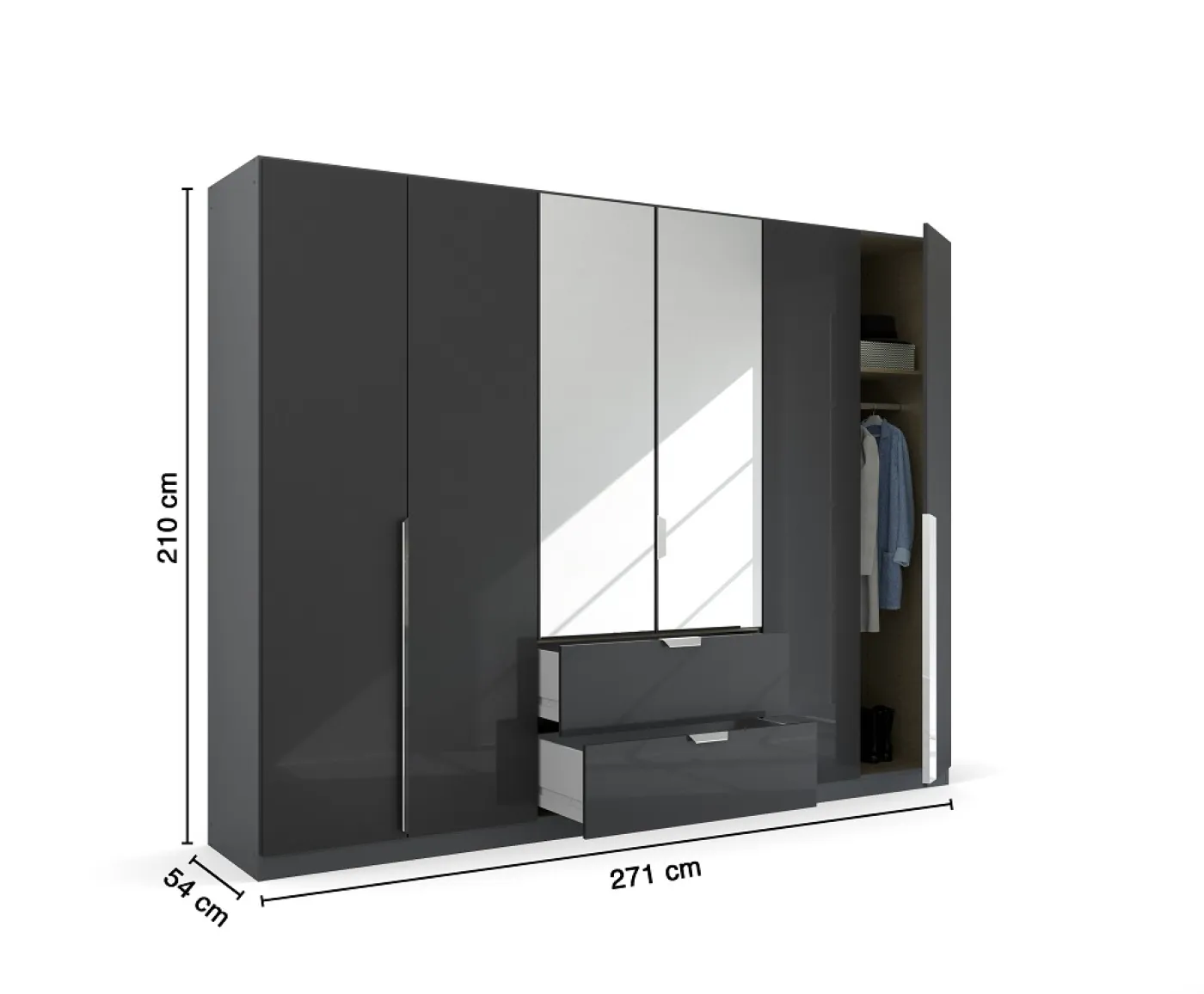 Kleiderschrank Drehtürenschrank Glamour | mit Spiegeltüren & Schubkästen | effektgrau Hochglanz / grau metallic | verschiedene Größen