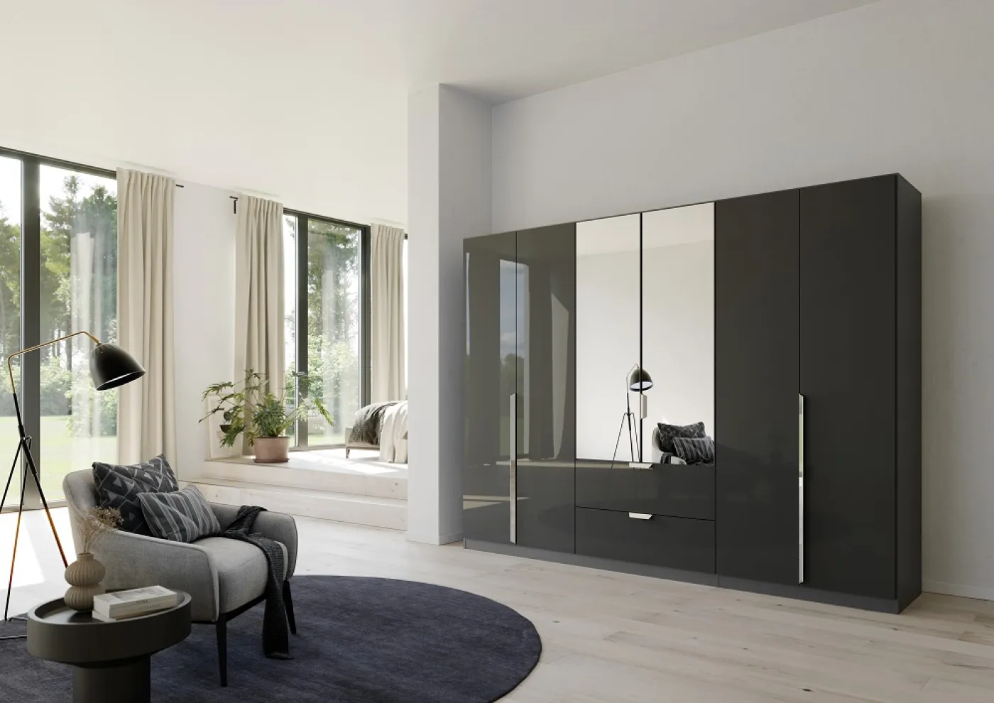 Kleiderschrank Drehtürenschrank Glamour | mit Spiegeltüren & Schubkästen | effektgrau Hochglanz / grau metallic | verschiedene Größen