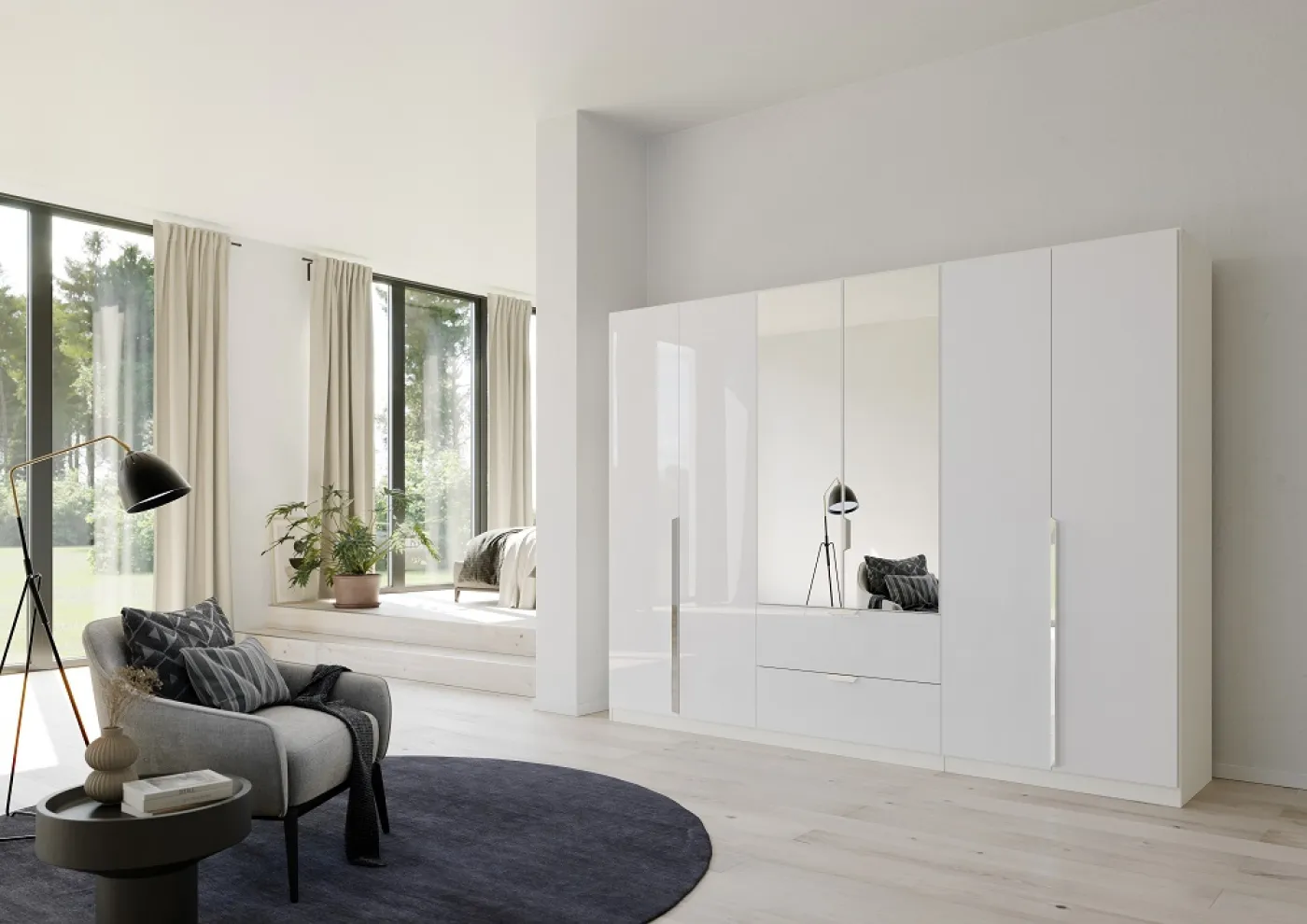 Kleiderschrank Drehtürenschrank Glamour | mit Spiegeltüren & Schubkästen | weiß Hochglanz / alpinweiß | verschiedene Größen