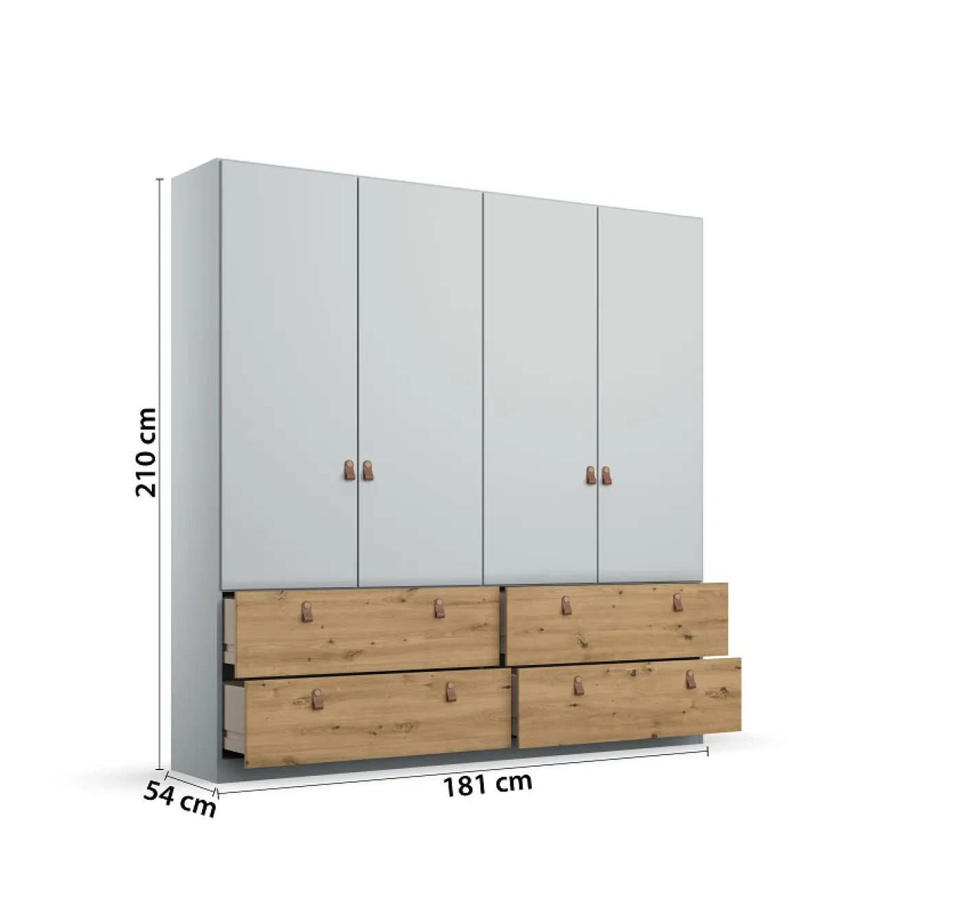 Kleiderschrank Drehtürenschrank Homey | 4-türig | mit Schubkästen | seidengrau / Eiche Artisan | 181x210