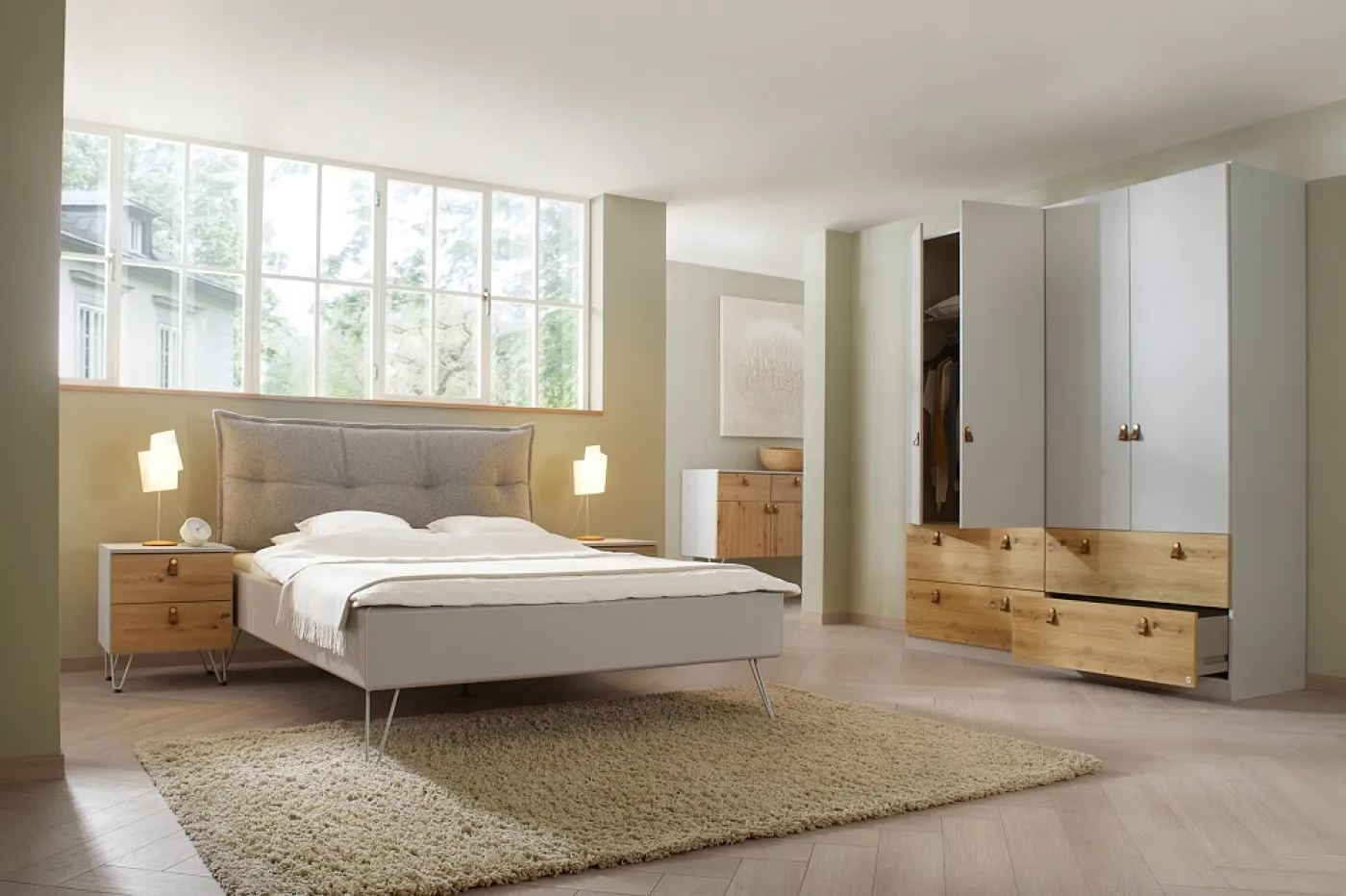 Kleiderschrank Drehtürenschrank Homey | 5-türig | mit Schubkästen | seidengrau / Eiche Artisan | 226x210