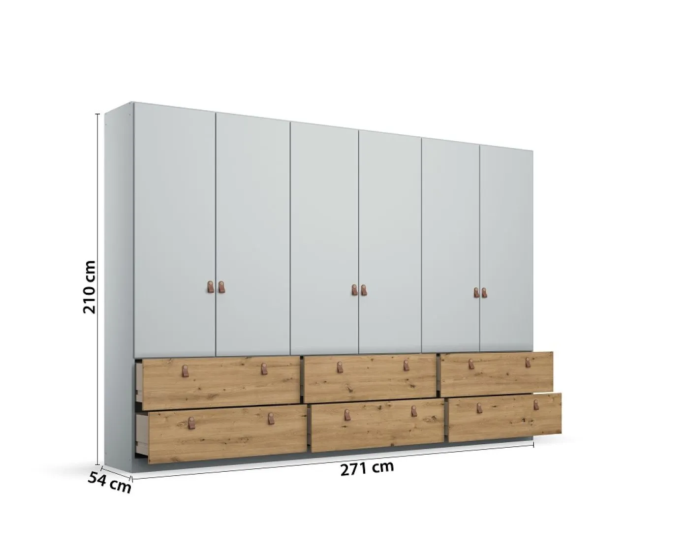 Kleiderschrank Drehtürenschrank Homey | 6-türig | mit Schubkästen | seidengrau / Eiche Artisan | 271x210