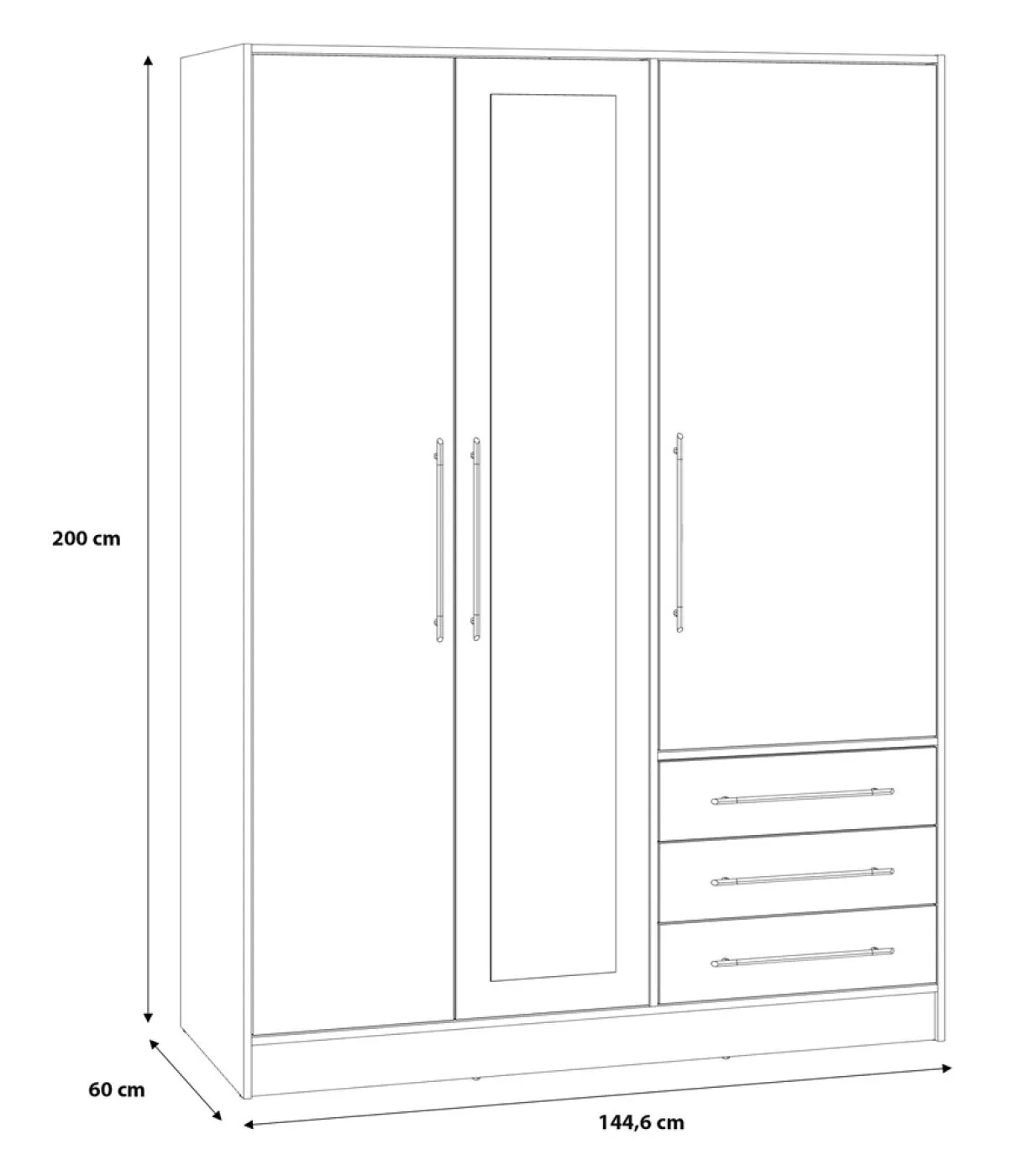 Kleiderschrank Drehtürenschrank Jupp | 3-türig | mit Schubkästen | schwarz