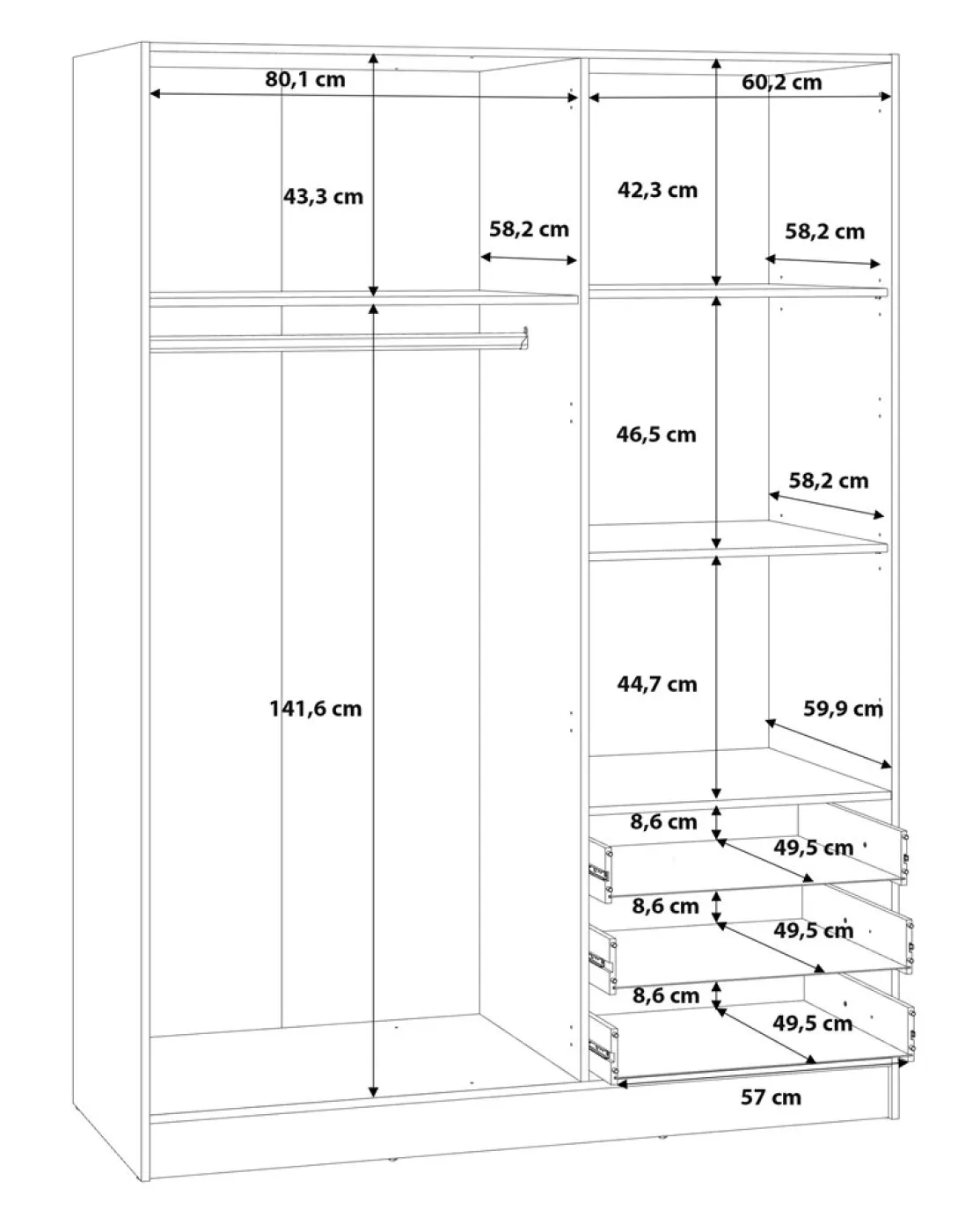 Kleiderschrank Drehtürenschrank Jupp | 3-türig | mit Schubkästen | schwarz