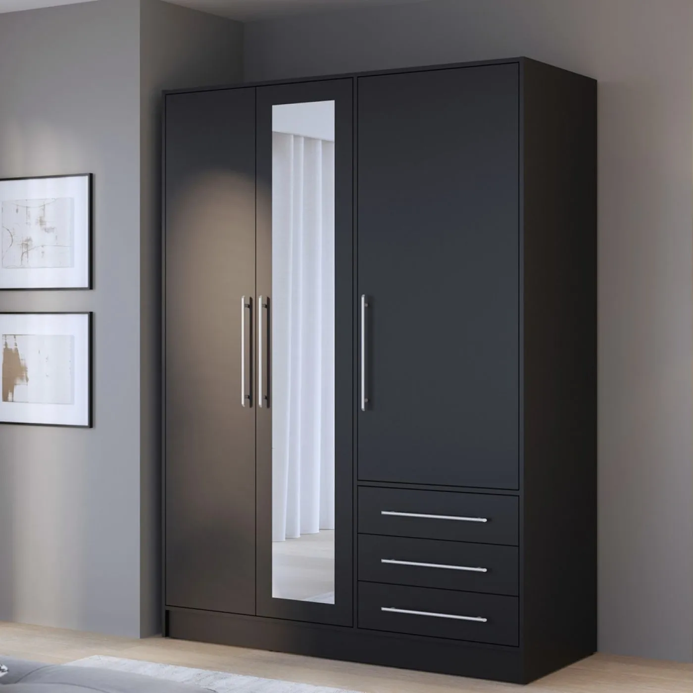 Kleiderschrank Drehtürenschrank Jupp | 3-türig | mit Schubkästen | schwarz