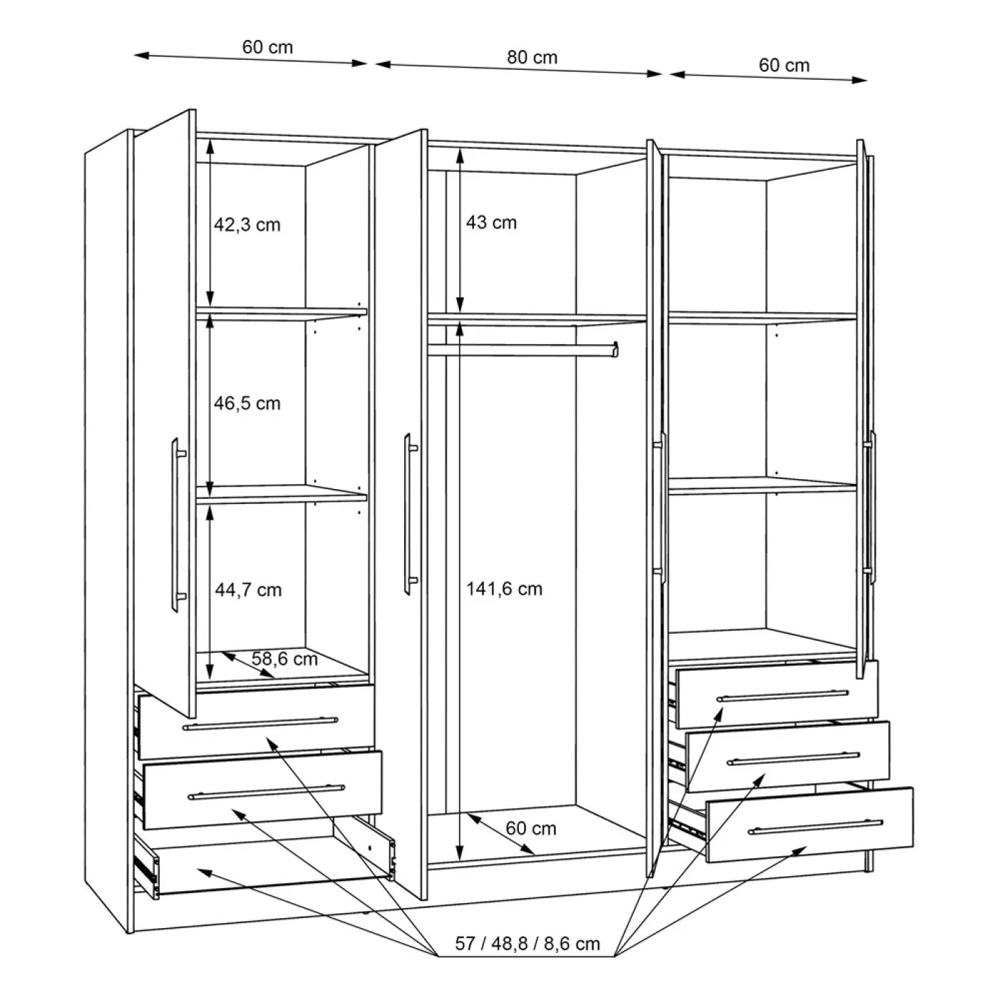 Kleiderschrank Drehtürenschrank Jupp | 4-türig | mit Schubkästen | Sonoma Eiche