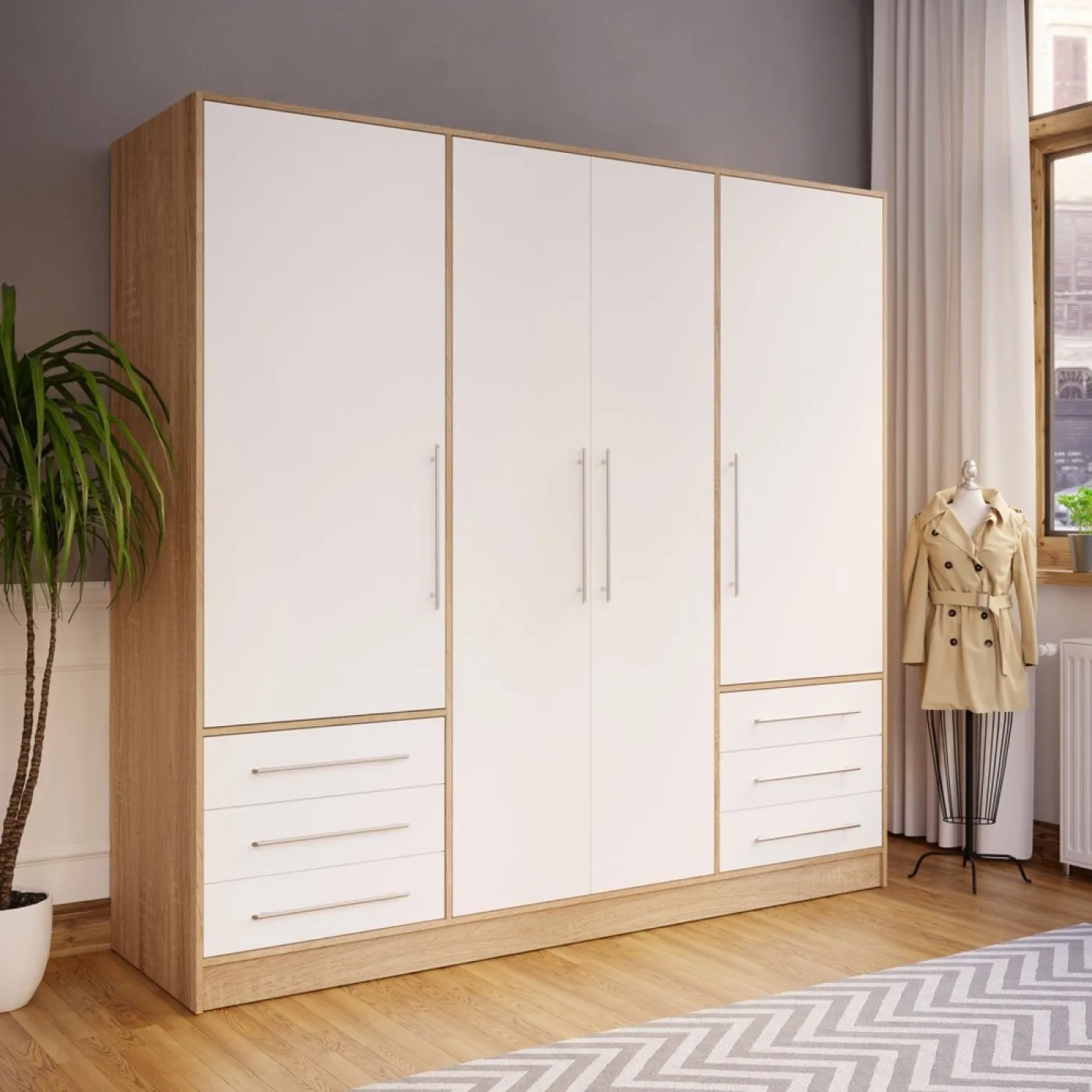 Kleiderschrank Drehtürenschrank Jupp | 4-türig | mit Schubkästen | Sonoma Eiche / weiß | 206,5 x 200 x 60 cm