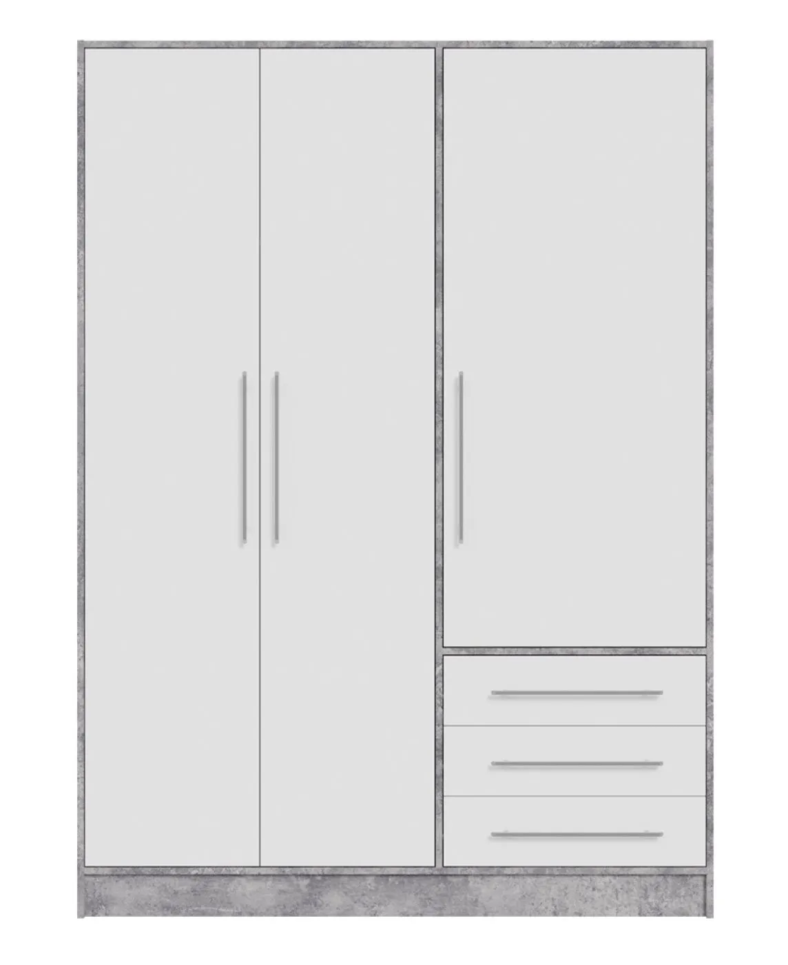 Kleiderschrank Drehtürenschrank Jupp | mit Schubkästen | Betonoptik Lichtgrau / weiß | 144,6 x 200 x 60 cm Sanduhrgriff