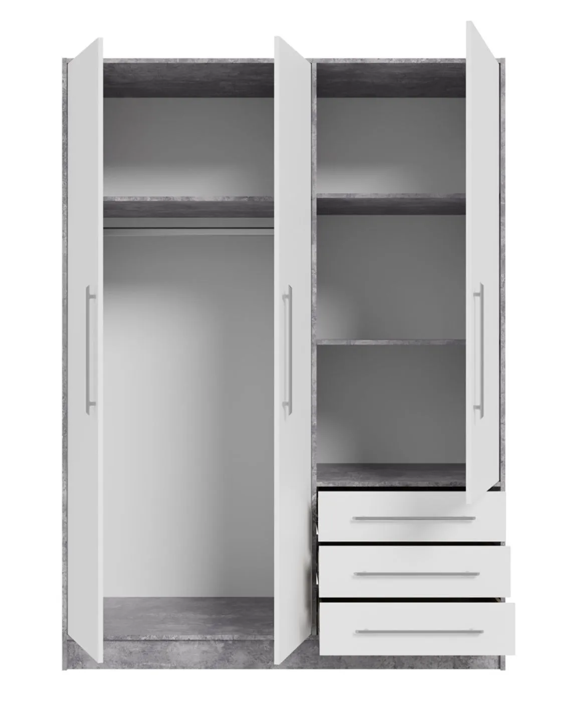 Kleiderschrank Drehtürenschrank Jupp | mit Schubkästen | Betonoptik Lichtgrau / weiß | 144,6 x 200 x 60 cm Sanduhrgriff