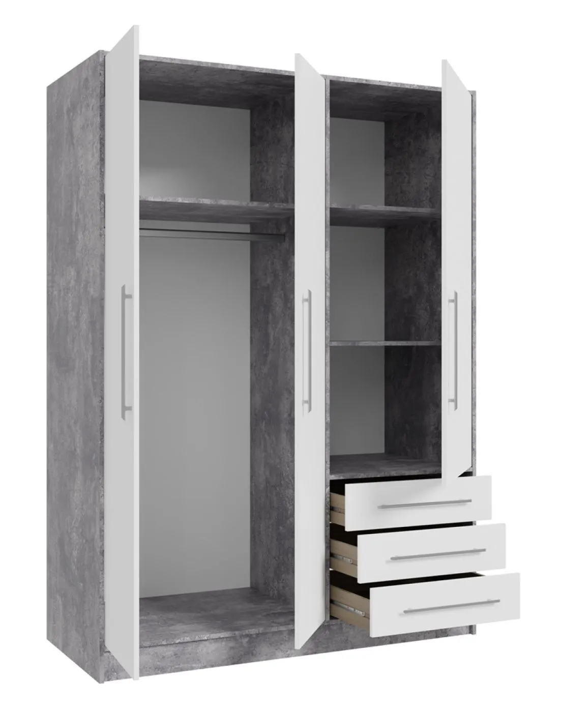 Kleiderschrank Drehtürenschrank Jupp | mit Schubkästen | Betonoptik Lichtgrau / weiß | 144,6 x 200 x 60 cm Sanduhrgriff