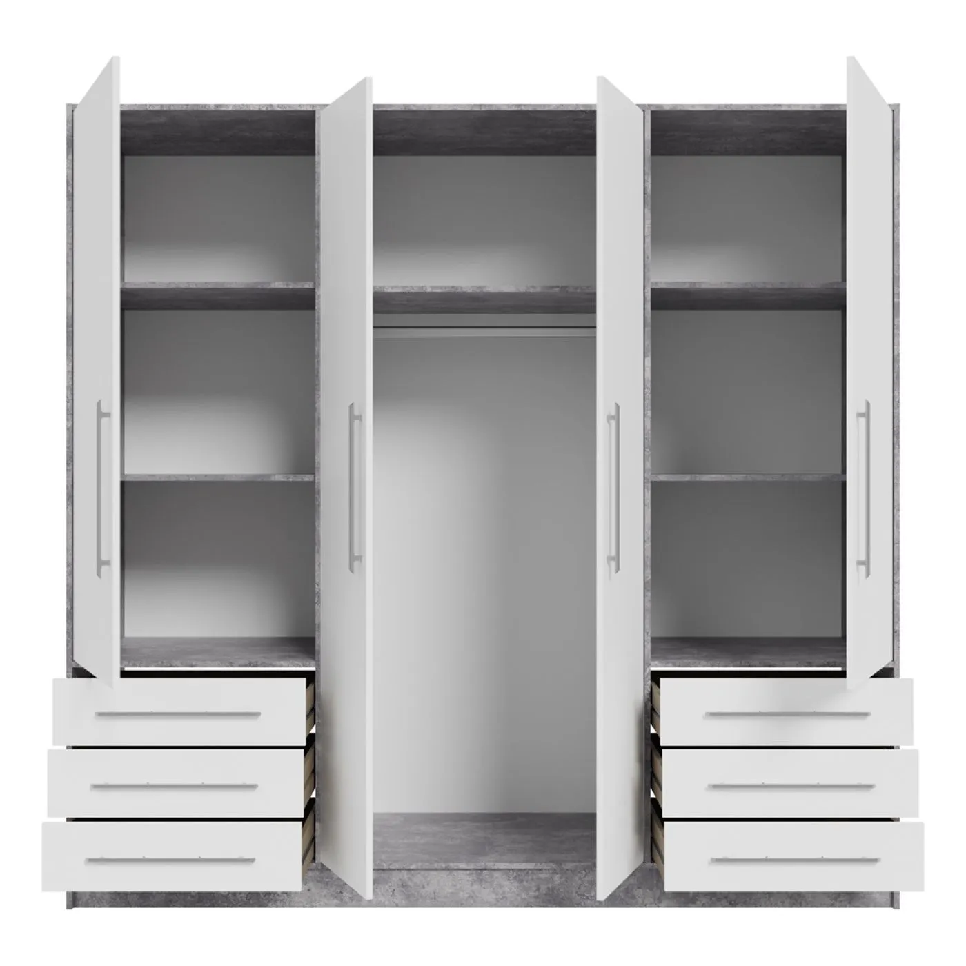 Kleiderschrank Drehtürenschrank Jupp | mit Schubkästen | Betonoptik Lichtgrau / weiß | 206,5 x 200 x 60 cm Sanduhrgriff