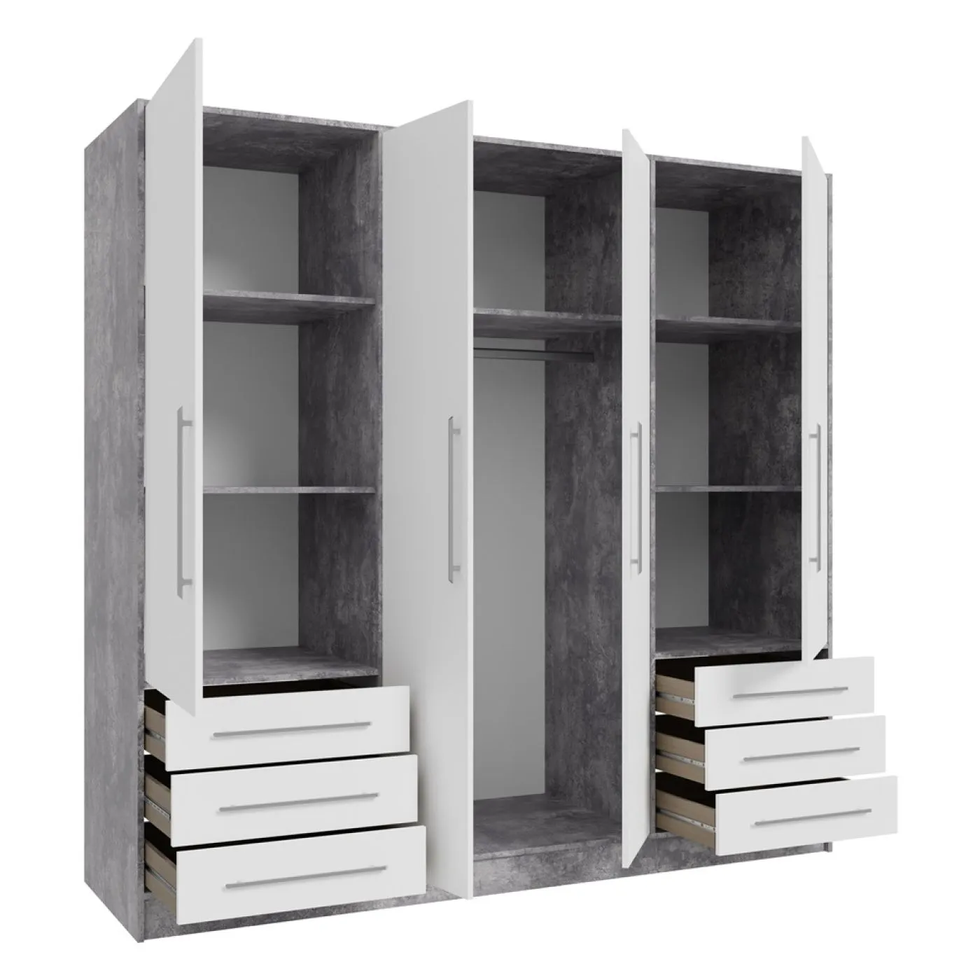 Kleiderschrank Drehtürenschrank Jupp | mit Schubkästen | Betonoptik Lichtgrau / weiß | 206,5 x 200 x 60 cm Sanduhrgriff