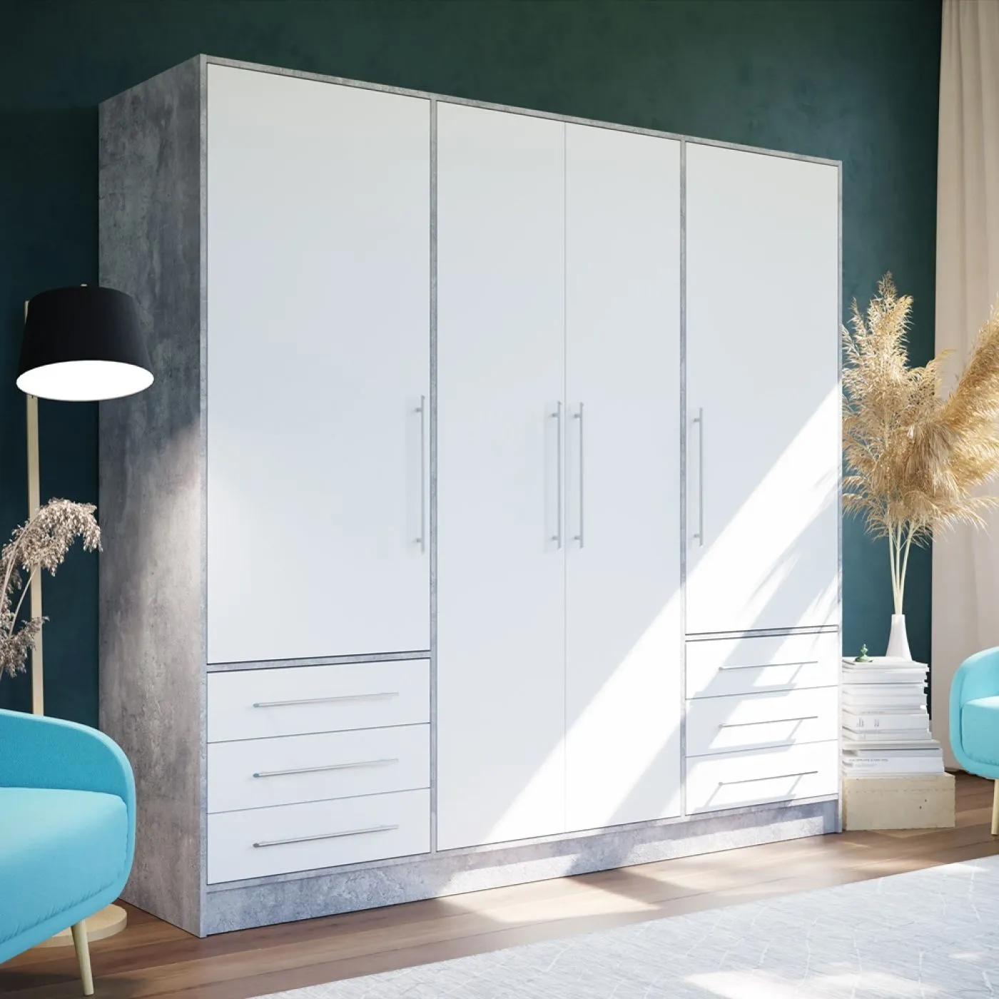 Kleiderschrank Drehtürenschrank Jupp | mit Schubkästen | Betonoptik Lichtgrau / weiß | 206,5 x 200 x 60 cm Sanduhrgriff