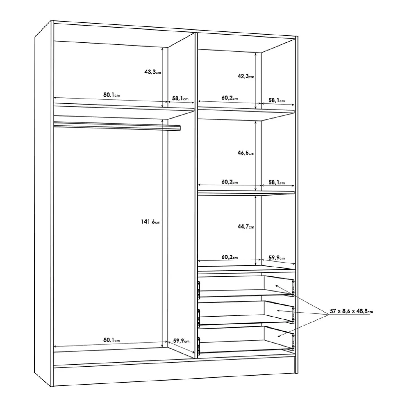 Kleiderschrank Drehtürenschrank Jupp | mit Schubkästen | Sandeiche / weiß | 144,6 x 200 x 60 cm | Sanduhrgriff