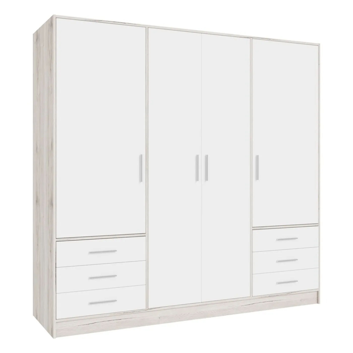Kleiderschrank Drehtürenschrank Jupp | mit Schubkästen | Sandeiche / weiß | 206,5 x 200 x 60 cm Kantengriff
