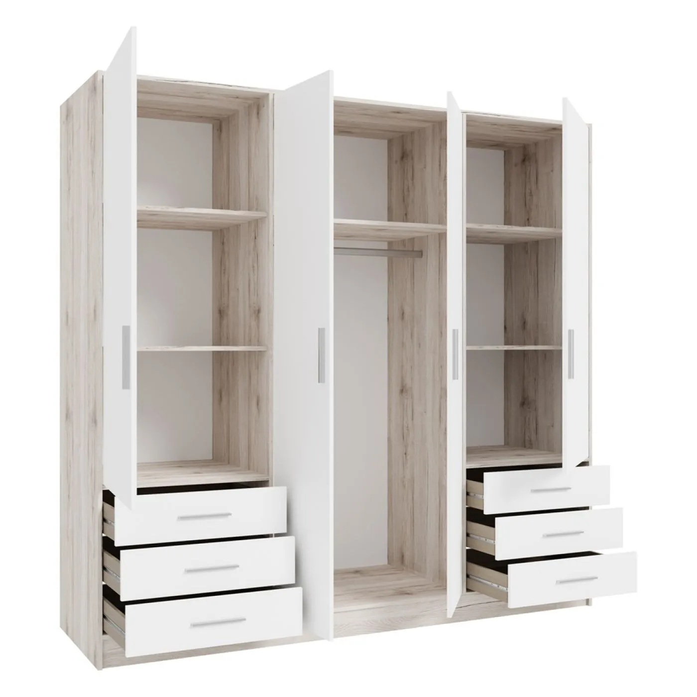 Kleiderschrank Drehtürenschrank Jupp | mit Schubkästen | Sandeiche / weiß | 206,5 x 200 x 60 cm Sanduhrgriff