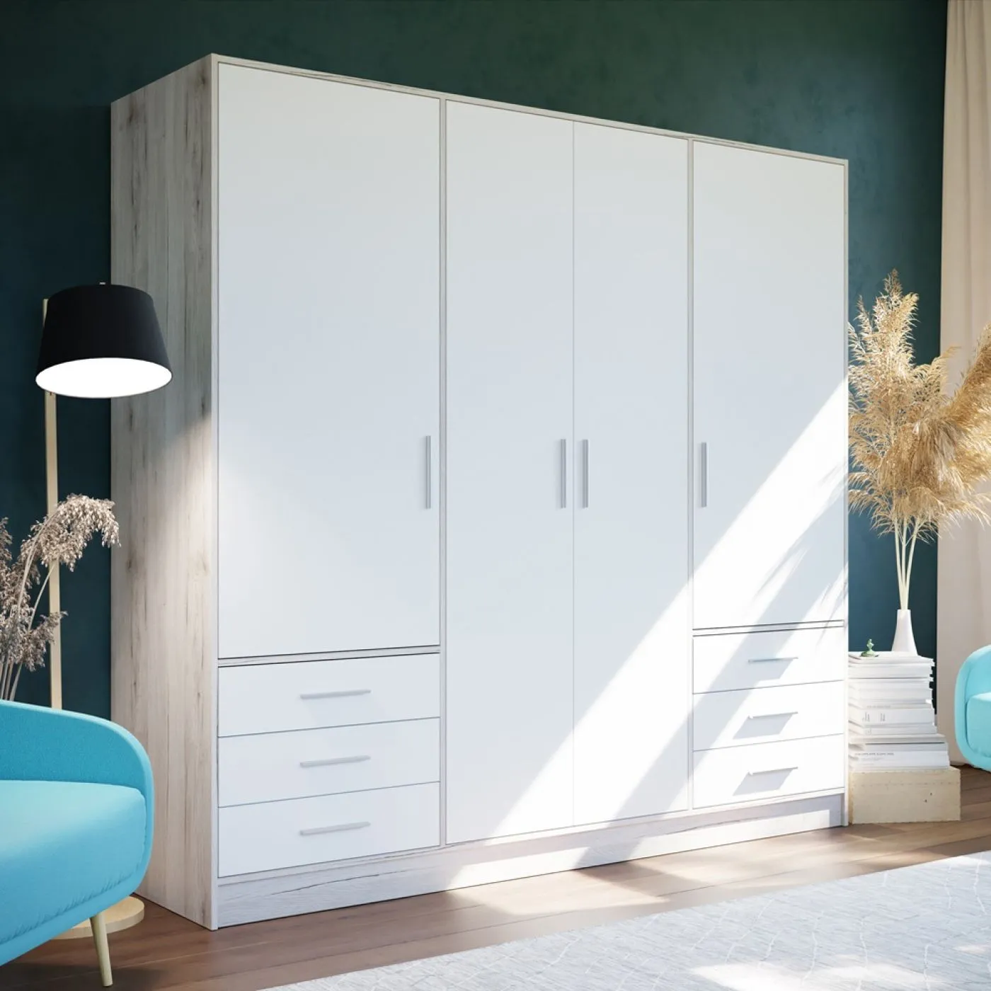 Kleiderschrank Drehtürenschrank Jupp | mit Schubkästen | Sandeiche / weiß | verschiedene Größen