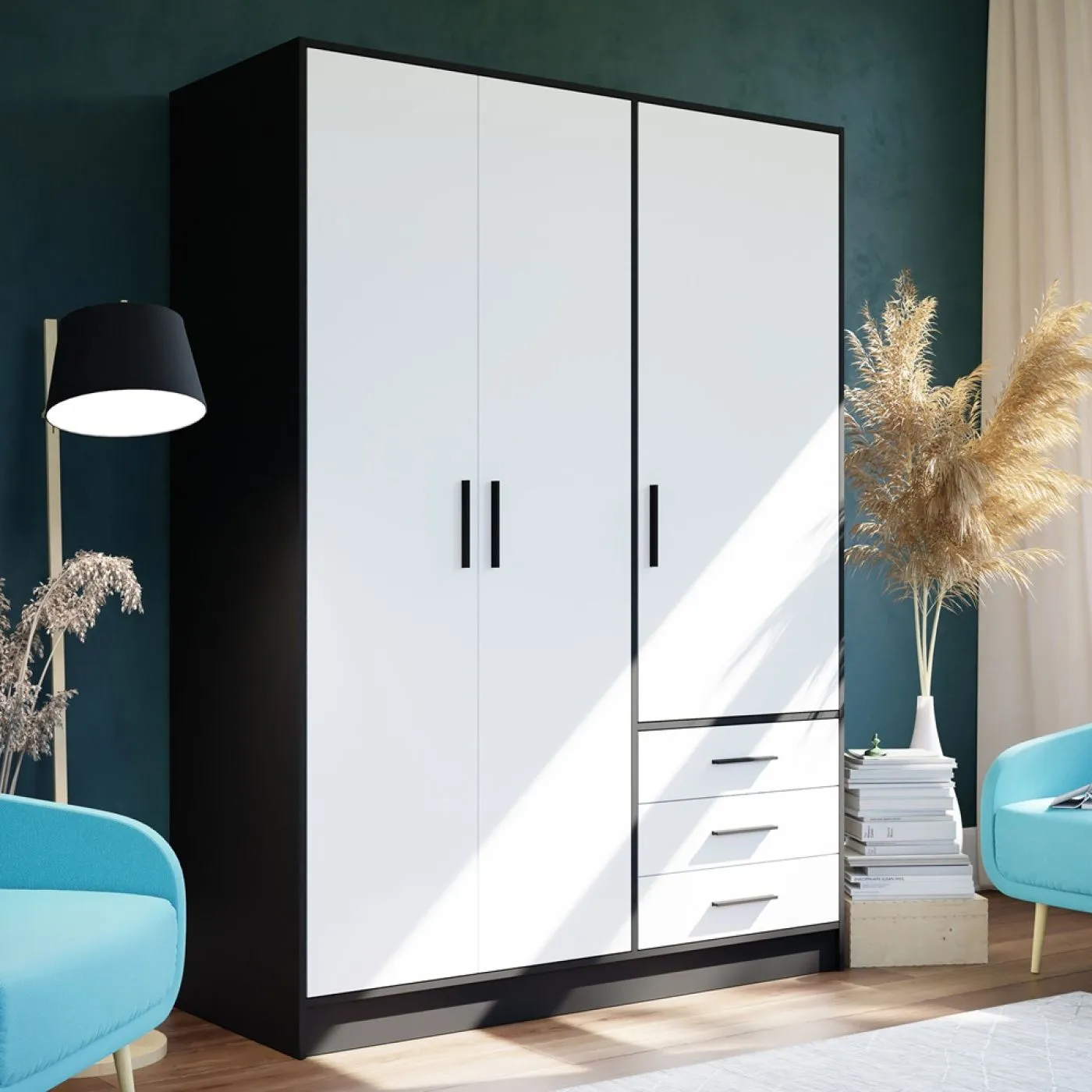 Kleiderschrank Drehtürenschrank Jupp | mit Schubkästen | schwarz / weiß | 144,6 x 200 x 60 cm