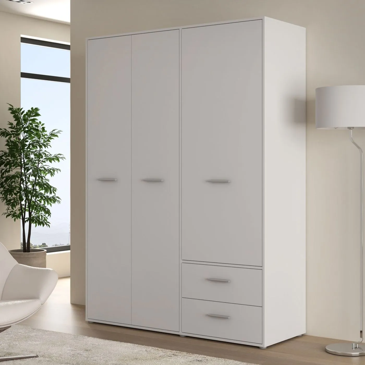 Kleiderschrank Drehtürenschrank Mokko | 3-türig | mit Schubkästen | weiß